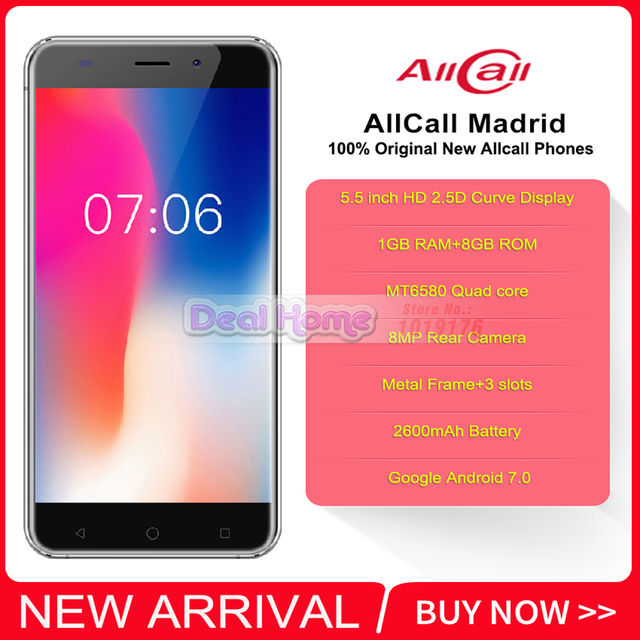In Stock! Original AllCall Madrid 5.5 Inch HD Dual SIM Android 7.0 MT6580 Quad Core 1GB RAM 8GB ROM 8.0MP 3G WCDMA Mobile Phone