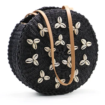 

AUAU-Circle Straw Bags Women Summer Rattan Bag Handmade Woven Shell Beach Cross Body Bag Circle Bohemia Handbag Bali Bolsa Fem