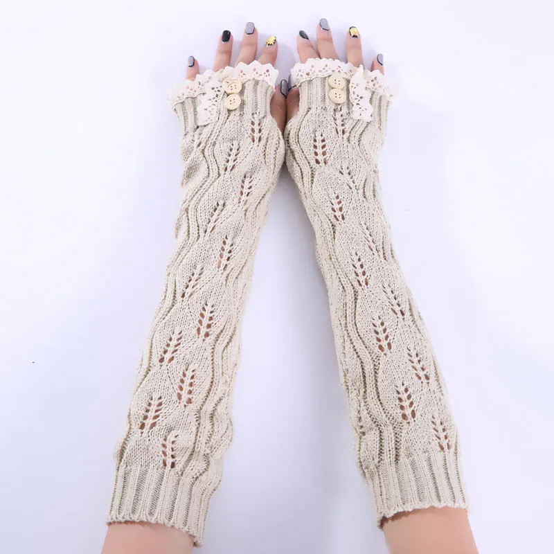

1pair Fashion Ladies Winter Arm Warmer Fingerless Gloves Lace Button Knitted Long Warm Gloves Mittens For Women XIN-Shipping