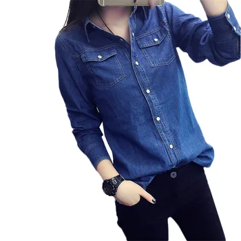 

Women Denim Shirt 2019 Spring Loose Large size Casual Shirt Tops Autumn Female Single-breasted Simple Cotton Denim Shirt JIA143