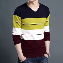 Новинка осень и зима высокое качество полосатый лоскутный пуловер с v-образным вырезом мужской облегающий свитер мужской Pull Homme Sudaderas мужские свитера
