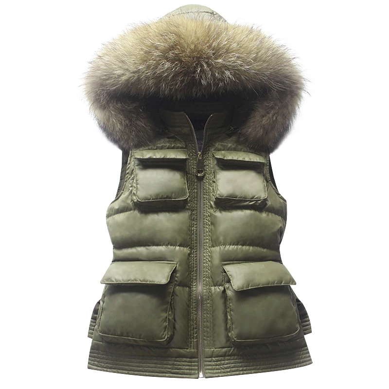 

European Real Raccoon Fur Vest Winter Jacket Women Short Coat Slim Hooded Winter Women's Vest Solid Women's Vest Sleevest