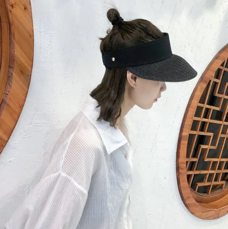 2018 Summer Women Straw Sun Visor Solid Wide Brim Empty Top Hat Unisex Clip on Beach Cap |