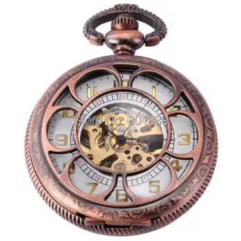 

H174 Luxury See Through Hand Wind UP Mechanical watch White Dial Copper Tone Mens Pocket Watch New Nice Gift watch for men