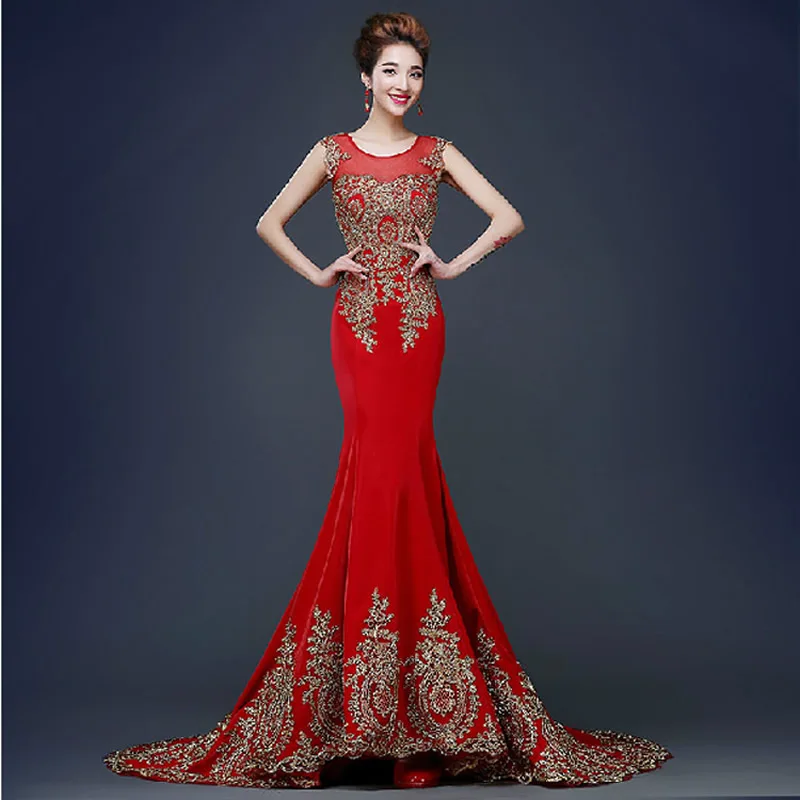 

Luxury Red Mermaid Evening Dress Ball Gown Embroidery Chinese Oriental Dresses Qipao Long Cheongsam Awards Grand Formal Dress