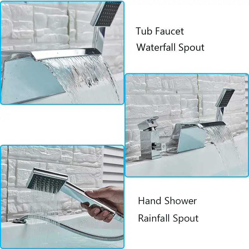 Хромированный широко распространенный водопад смеситель для ванны на бортике Ванна смеситель для раковины широко распространенная одна ручка с ручной душевой кран для ванны
