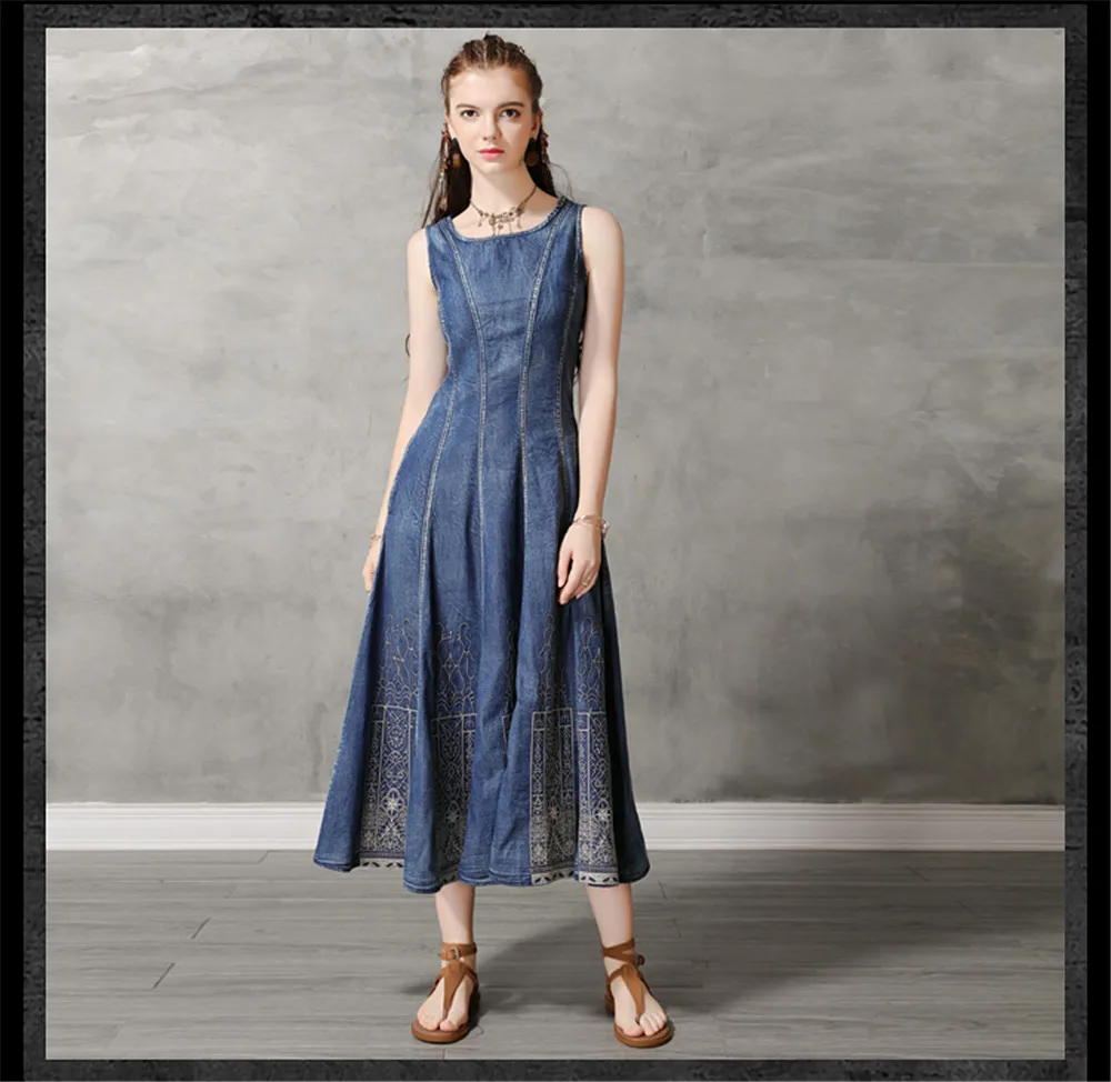 Vintage Summer Cotton Denim Dress 2019 Women's Dresses Sundress Embroidery O-Neck Vestido Women Tank Dress Sleeveless Dresses (9)