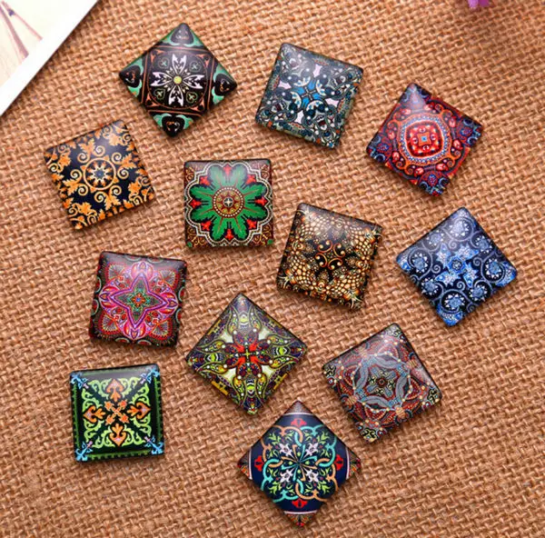 cheap 10mm 15mm 20mm 25mm Decorative Pattern Square Handmade Cabochons Glass Demo flat back Jewelry Making findings Pendant Settings