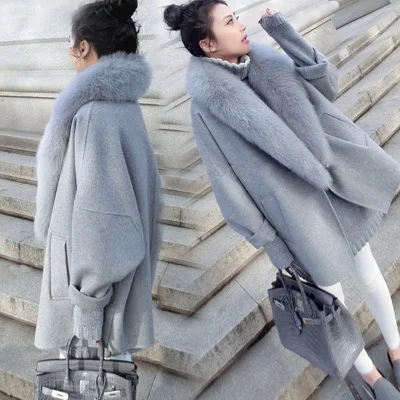 Модное женское шерстяное пальто, женская Корейская версия, новинка, свободный большой меховой воротник, осенне-зимние модели, шерстяное пальто, плащ, MS