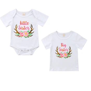 

New Sister Match Clothes Floral Deer Print Little Sister Romper Big Sister T-shirt Tops Children Cotton Clothes