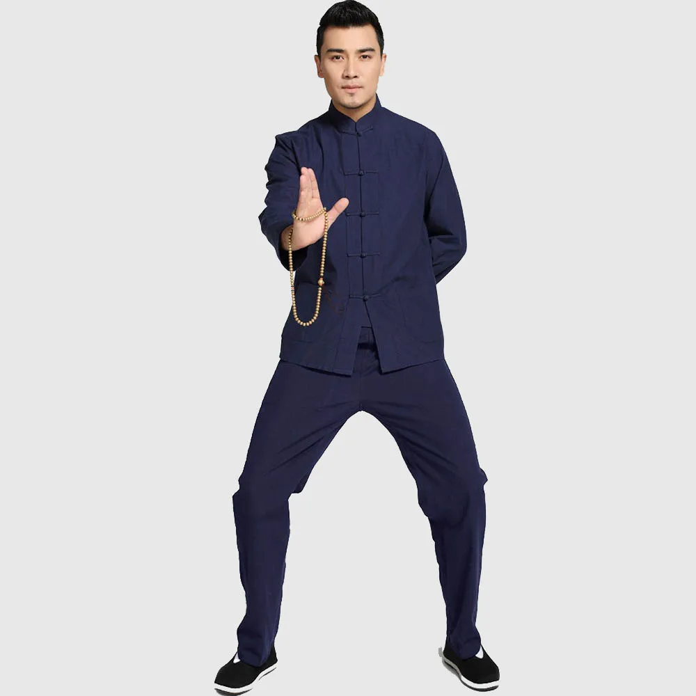 Novelty Chinese Men Solid Kung Fu Suit 100% Cotton Loose Wu Shu Tai Chi Sets Jacket&Trousers M L XL XXL 3XL 4XL YZT090610