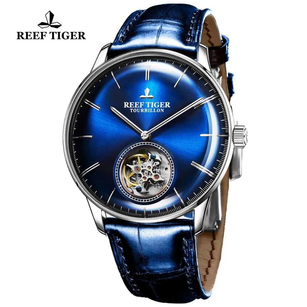 Мужские автоматические механические часы Reef Tiger/RT Blue Tourbillon ремешок из