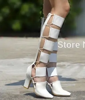 

SHOOEGLE Black White Pointy Toes Thick Chunky Heel Knee High Boots Sandal Boots Fashion Women Boots Booties Cut Out Sexy Botas