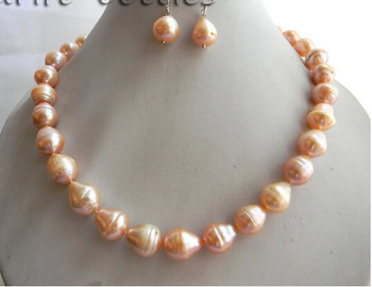 

shipping18'' 12MMX14MM Pink Teardrop Freshwater Pearl Earring Necklace Set (A0423) -Top quality free shipping