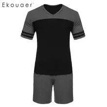 Ekouaer, Мужская короткая Пижама, ночная рубашка с коротким рукавом, v-образный вырез, контрастный цвет, средняя талия, футболка, шорты, пижама, набор, домашняя одежда для сна