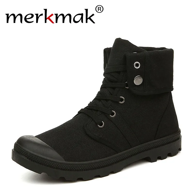 Мужские холщовые ботинки на осень-зиму Merkmak, черные модные ботильоны в армейском стиле с высоким берцем, мужская обувь в стиле милитари, удобные кроссовки - Цвет: All Black Boots