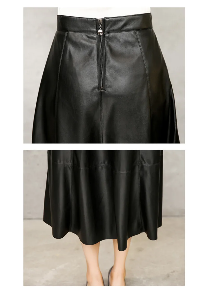 Кожаная юбка Осенняя модная юбка из мягкой овечьей кожи, искусственная кожа, высокая талия, молния, винтажная линия, черные длинные юбки, большие размеры W533