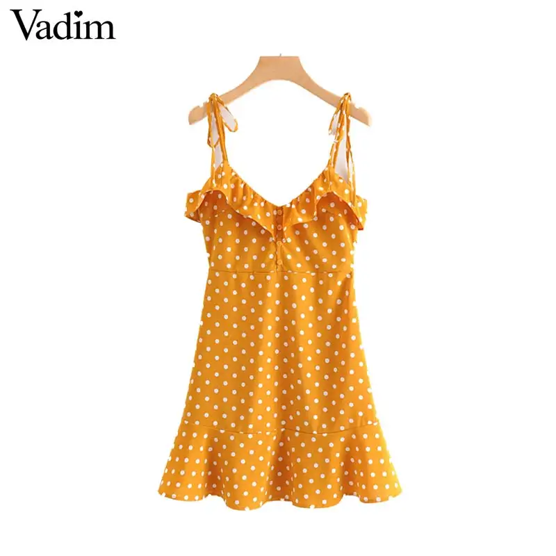 

Vadim women dot print adjustable straps mini dress backless V neck ruffles sexy sweet female beach style dresses QB609
