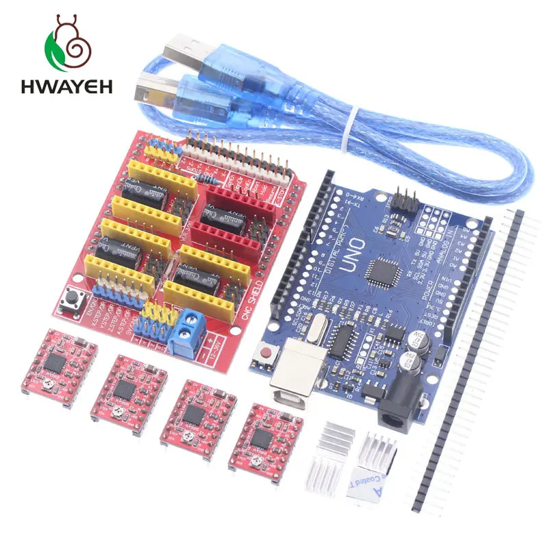 

Free shipping! cnc shield v3 engraving machine 3D Printer+ 4pcs A4988 driver expansion board UNO R3 with USB cable