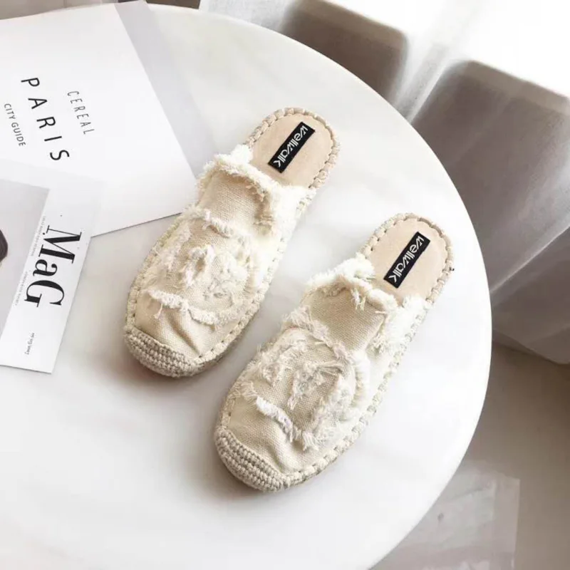 

Ladies Shoes 2018 Women Denim Slippers Spring Autumn Women Letter Slides Women Hemp Mules Fashion Summer Women Shoes Size 34-38
