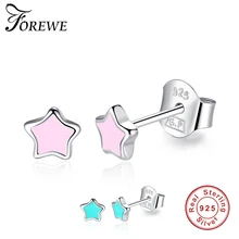 FOREWE 925 стерлингового серебра розовый синий Fve-остроконечные звезды серьги гвоздики для женщин Серебряные звезды серьги для девочек обручальные ювелирные изделия