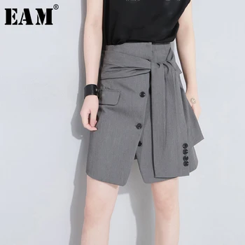 

[EAM] 2020 New Spring Summer High Elastic Waist Black Button Bandage Split Joint Half-body Skirt Women Fashion Tide JW185