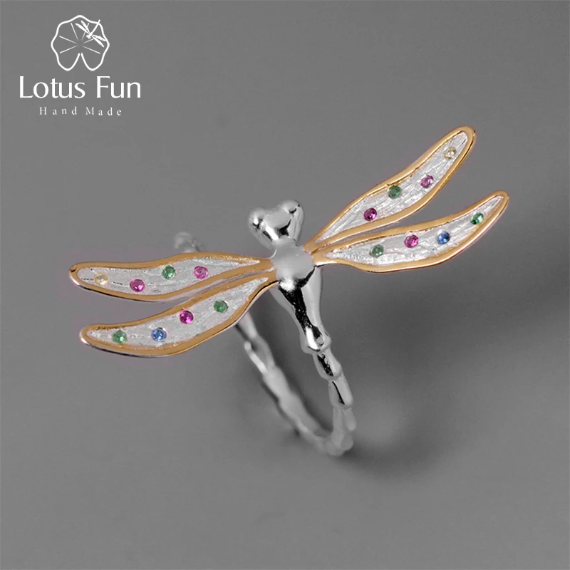 Lotus Fun Real 925 Sterling Silver Handmade Fine Jewelry Multicolor Zirconia Beautiful Dragonfly Design Rings For Women
