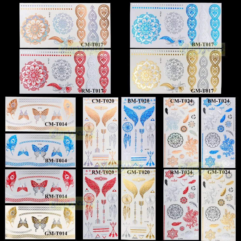 

1PC 48 Style Gold Silver Blue Red Iridescent Flash Women Metallic Temporary Tattoo Jewelry Wing Dreamcatcher M-T Tattoo Sticker