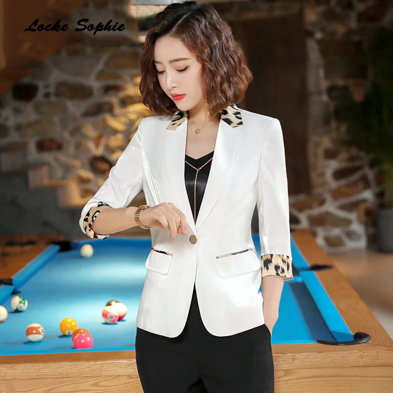 1pcs Women's Plus size Blazers coats 2019 Autumn cotton blend Leopard Splicing Small Suits jackets ladies Skinny Blazers Suits
