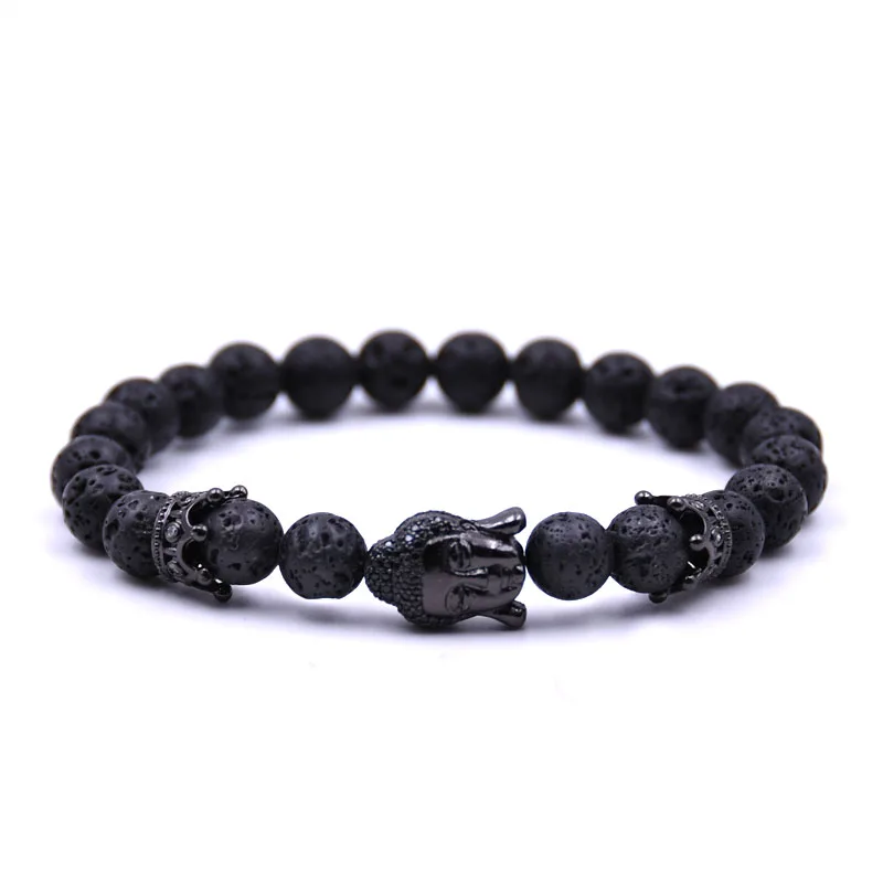 1 HYHONEY Micro Pave CZ Будда голова в короне ювелирные изделия черный камень из натуральной лавы браслет Для мужчин Шарм Браслеты и браслеты - Окраска металла: 1