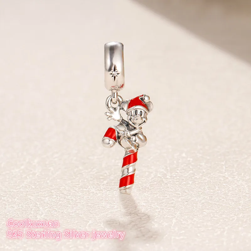 

2018 Winter Original 925 Sterling Silver Santa Mickeys Candy Cane Dangle Charm, Red Enamel beads Fit Pandora Charms Bracelet