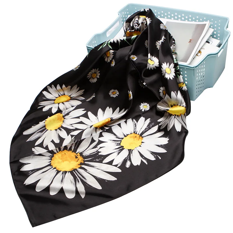 

2019 Fashion Luxury Square Scarf Women Head Neck Shawl Hijab Sunflower Printed Black Bandana Kerchief Scarves Wraps 90*90cm