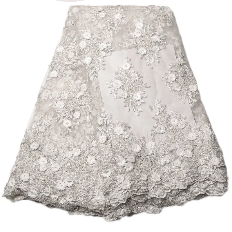

High Quality 2017 African Lace Fabric With Beads French Net Lace Fabric 5yard/lot White Nigeria Wedding Dress GD1051B-2