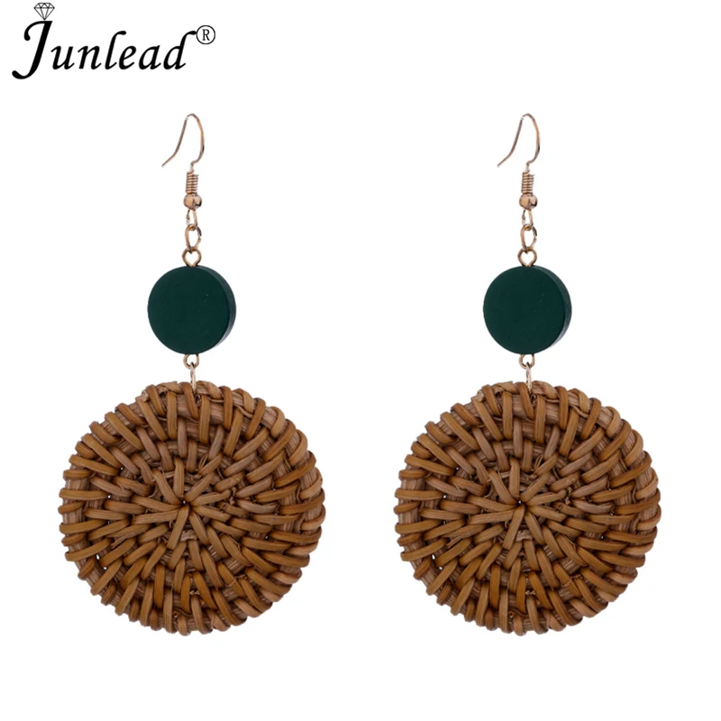 

Junlead Latest Design Handmade Big Round Drop Earrings Wooden Ball Brown Straw Weave Rattan Dangle Earring For Women Jewelry Hot