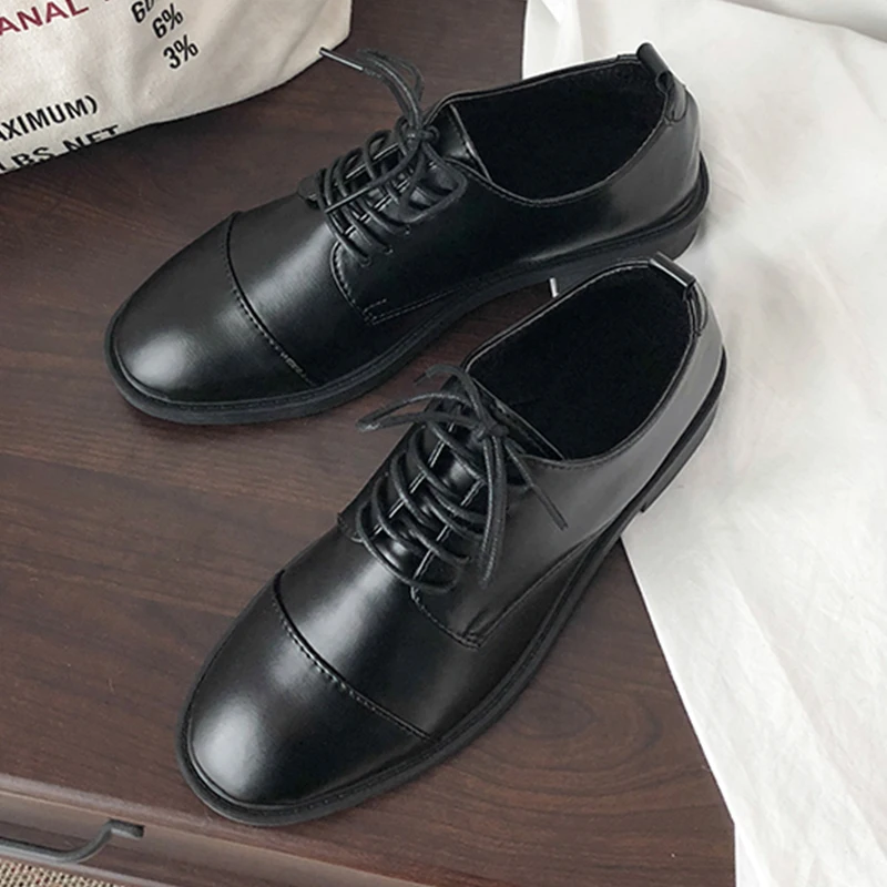 2019 Fashion Black Leather Flats Shoes Woman Casual Oxford Shoes for Women Flat Comfortable Slip on Women Shoes Chaussure Femme