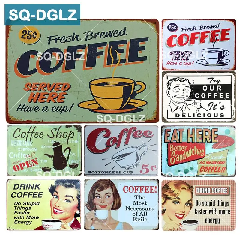 

[SQ-DGLZ] Fresh Brewed Coffee Metal Sign CAFFEINE Wall Decor Tin Sign Vintage Home Decor Painting Plaques Art Poster