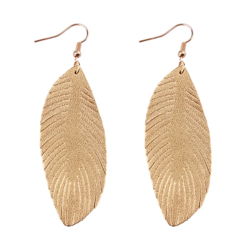 

ZWPON 2019 New Feather 100% Soft Genuine Leather Earrings for Women Fashion Summer Leather Leaf Earrings Gold Statement Earrings