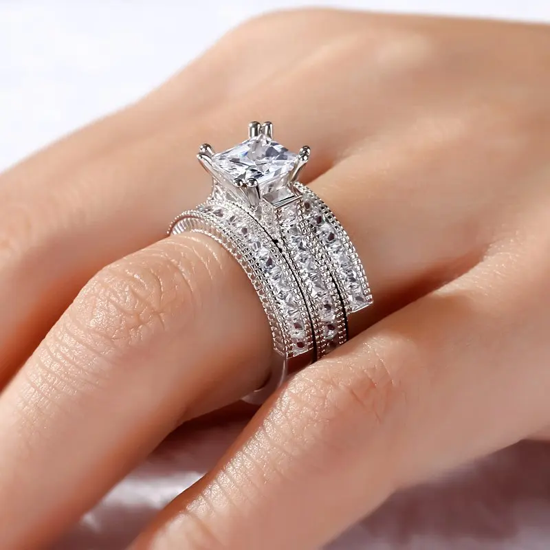 

Luxury Princess-cut Simulated Diamond Rings Sets 3-in-1 Engagement Wedding Ring finger For Women 14K White gold Plated Jewelry
