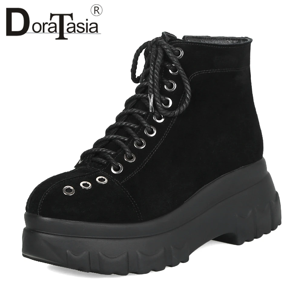 

DORATASIA Large Size 33-43 Natural Cow Suede Girls Fur Flat Platform Shoes Woman Winter lace-up Metal Decoration Women Sneakers