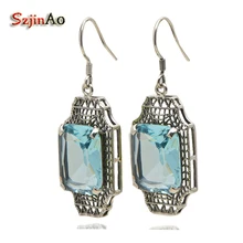 Szjinao модные серьги из стерлингового серебра 925 пробы для женщин Свадебные полые серьги древние римские серьги с аквамарином