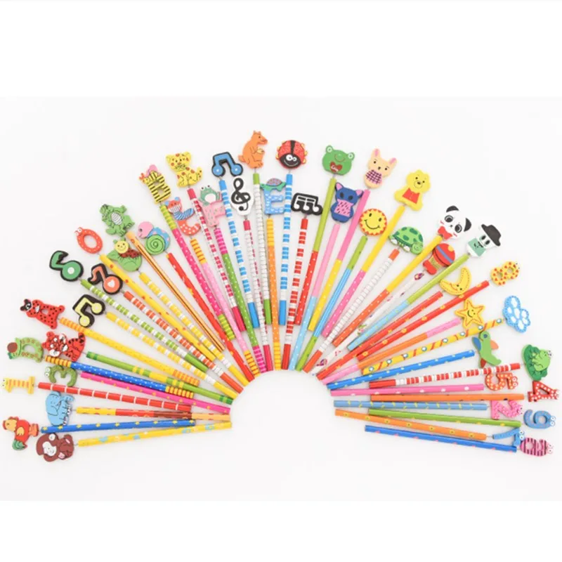 

2019 New Arrivals HB Cute Design Wood Children Pencil 6pcs/lot Stationery Supply Pencil with Eraser Free Shipping