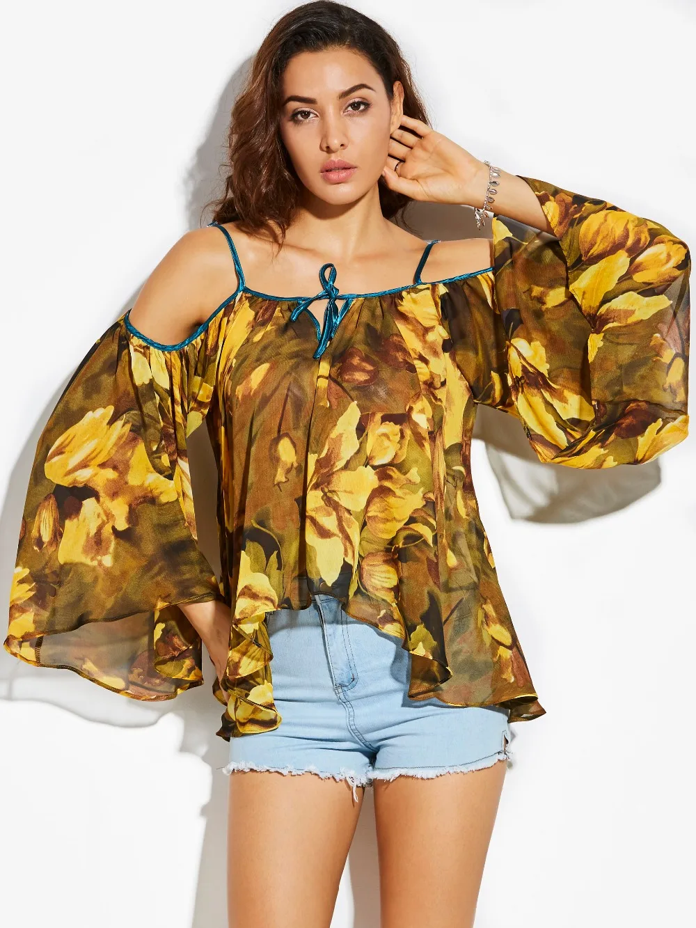 Off Shoulder Fashion Chiffon Blouse Women Cold Shoulder Flare Long Sleeve Loose Shirt Top Ladies ...