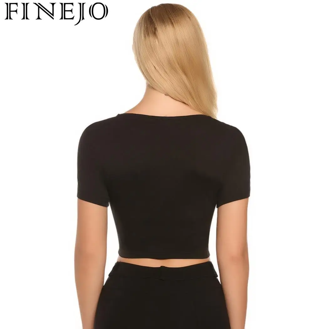 FINEJO Solid Casual O-Neck Short Sleeve Women Front Tie Pullover Sexy T-shirt FINEJO Solid Casual O-Neck Short Sleeve Women Front Tie Pullover Sexy T-shirt