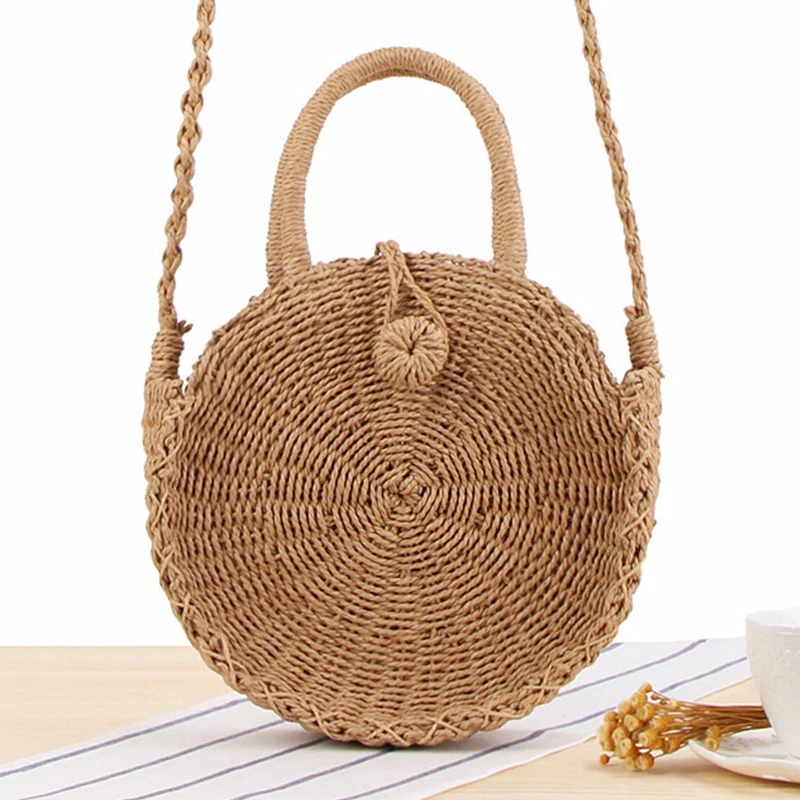 

Round Straw Bag Handmade Rattan Woven Vintage Retro Straw Rope Knitted Women Crossbody Handbag Fresh Summer Beach Bag Bohemia