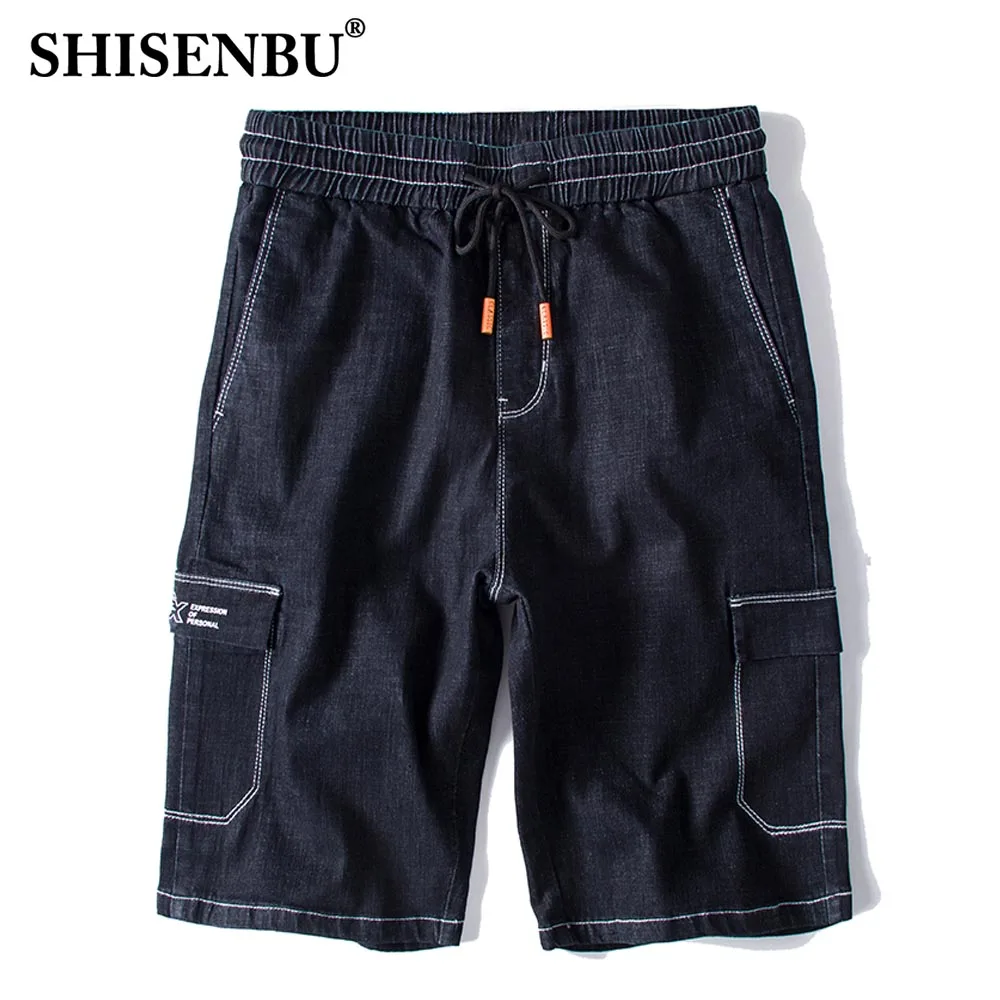 Эластичный Талия черный джинсовые шорты мужские с большим карманом хлопковые джинсы мужские летние до колен стрейч короткие уличные хип хоп Большие размеры