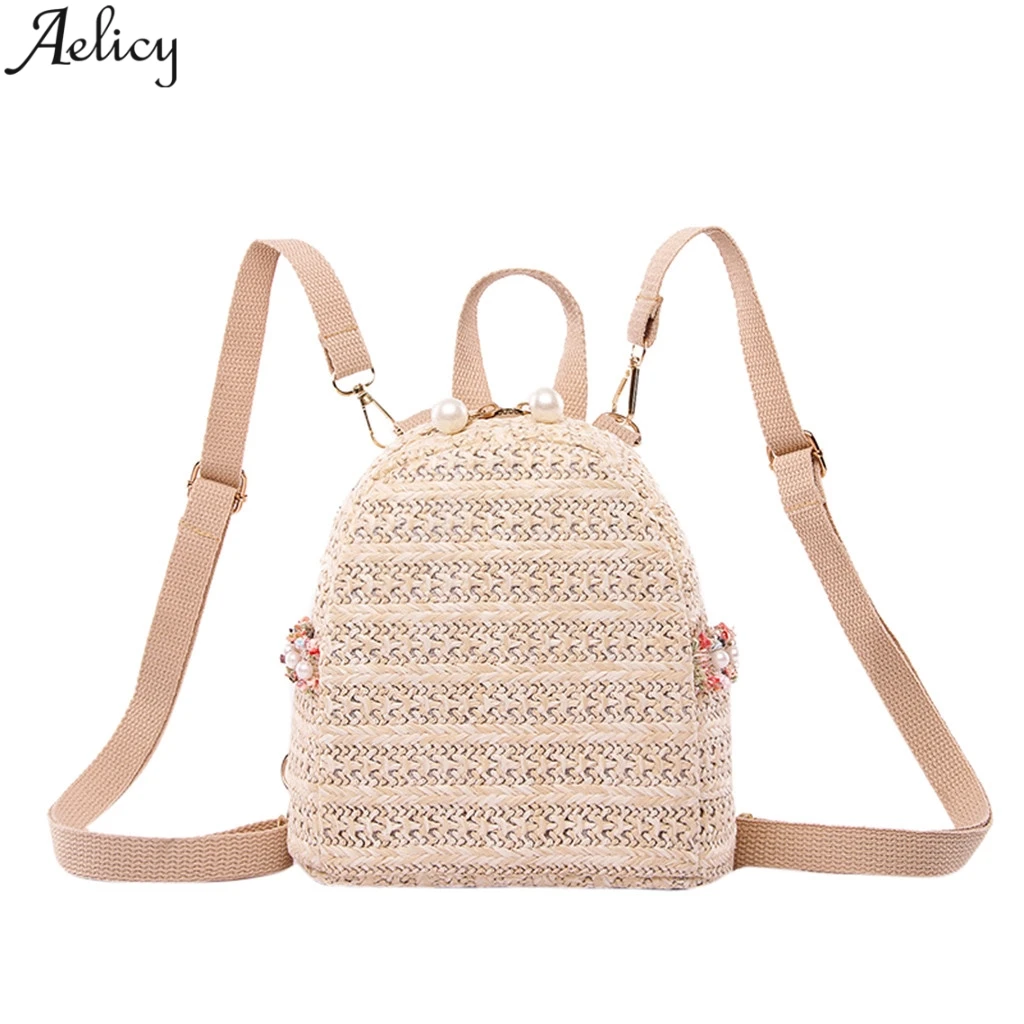 Aelicy женский модный тканый соломенный однотонный рюкзак с бисером