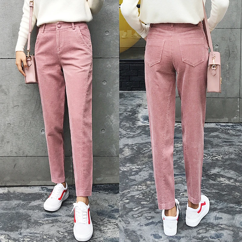 

Women Corduroy Pants 2019 Autumn Winter Fashion Vintage Solid Casual Pleated High Waist Harem Pant Women Corduroy Trousers