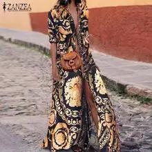ZANZEA размера плюс Рубашка-Платье на пуговицах женская летняя Макси Сарафан модная туника с коротким рукавом Vestido женский Принт с отворотом Халат