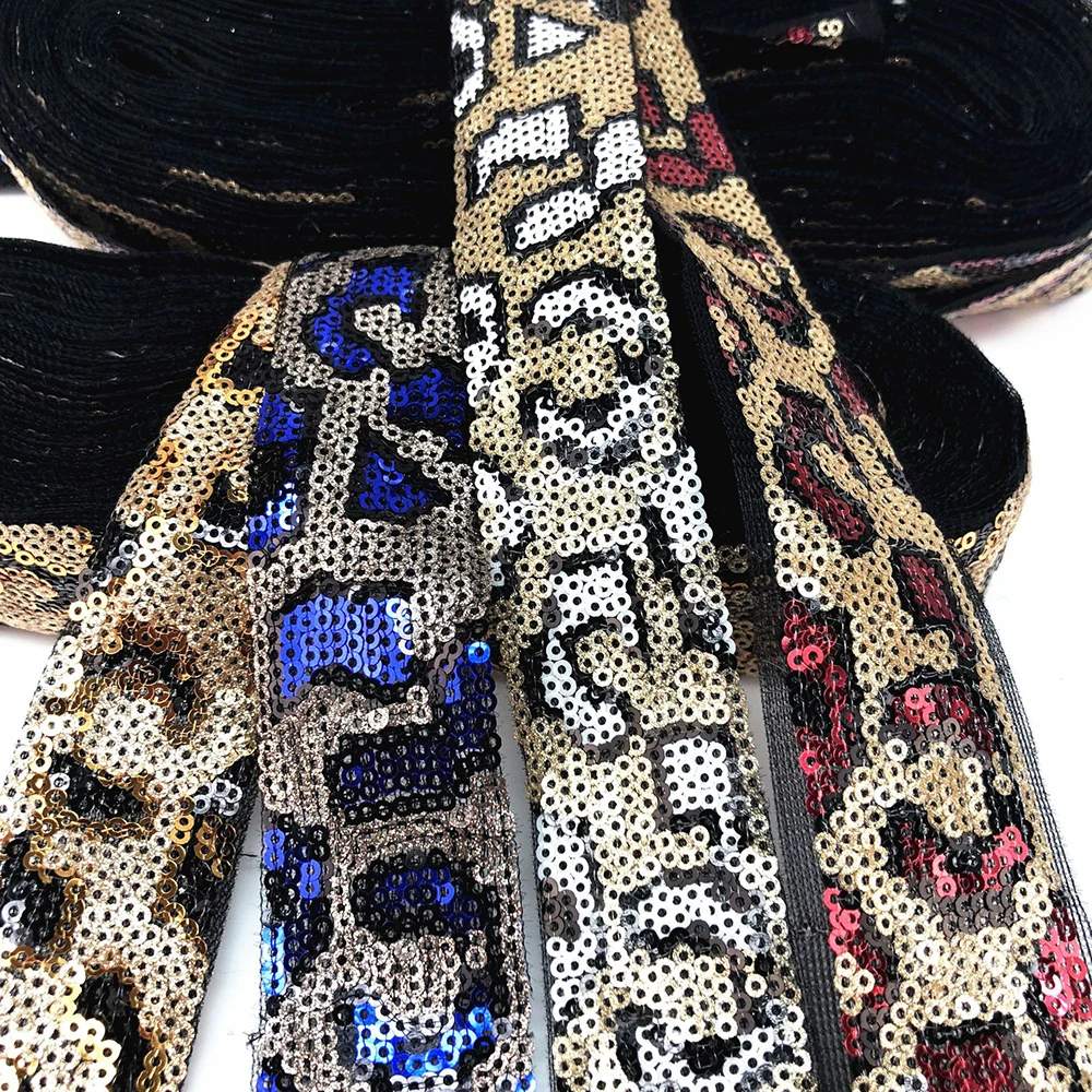 Lychee Life Leopard Print Lace Trims 2 Yards Sequined African Lace Ribbon DIY Sewing Material Lacework Accessories for Dress