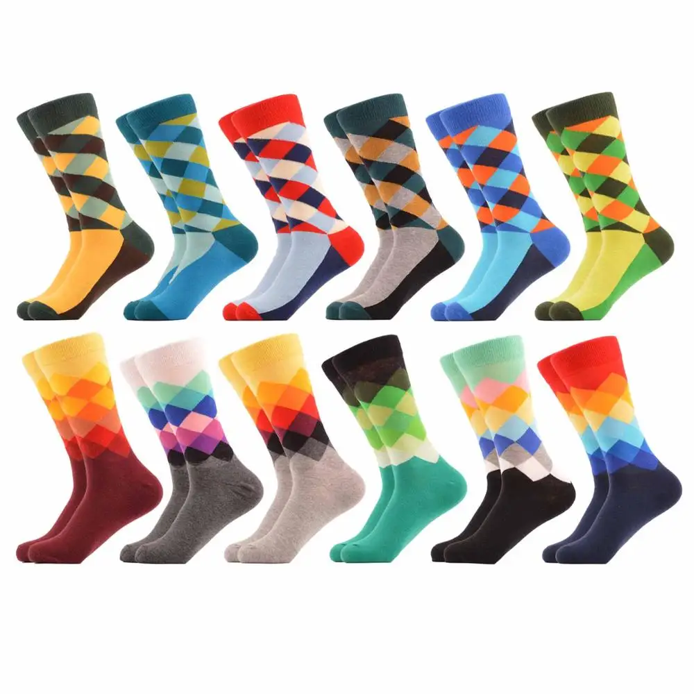 SANZETTI 12 пар/лот Для мужчин Красочные ромба чесаный хлопковые носки Повседневное экипажа носки дизайнерские носки США 7,5-12 на день рождения подарок - Цвет: 05202